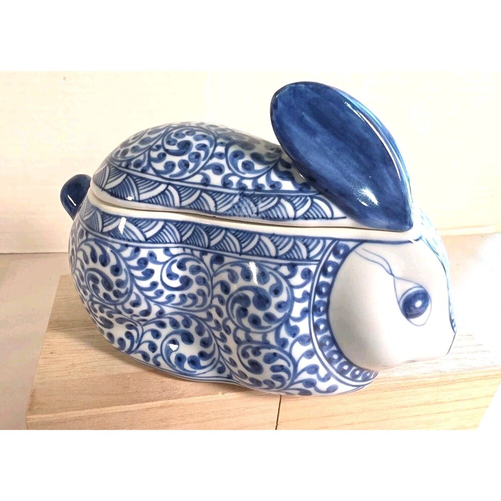 Vintage Rabbit Shaped Ceramic Lidded Box, Blue & White, Thailand, Hand Painted